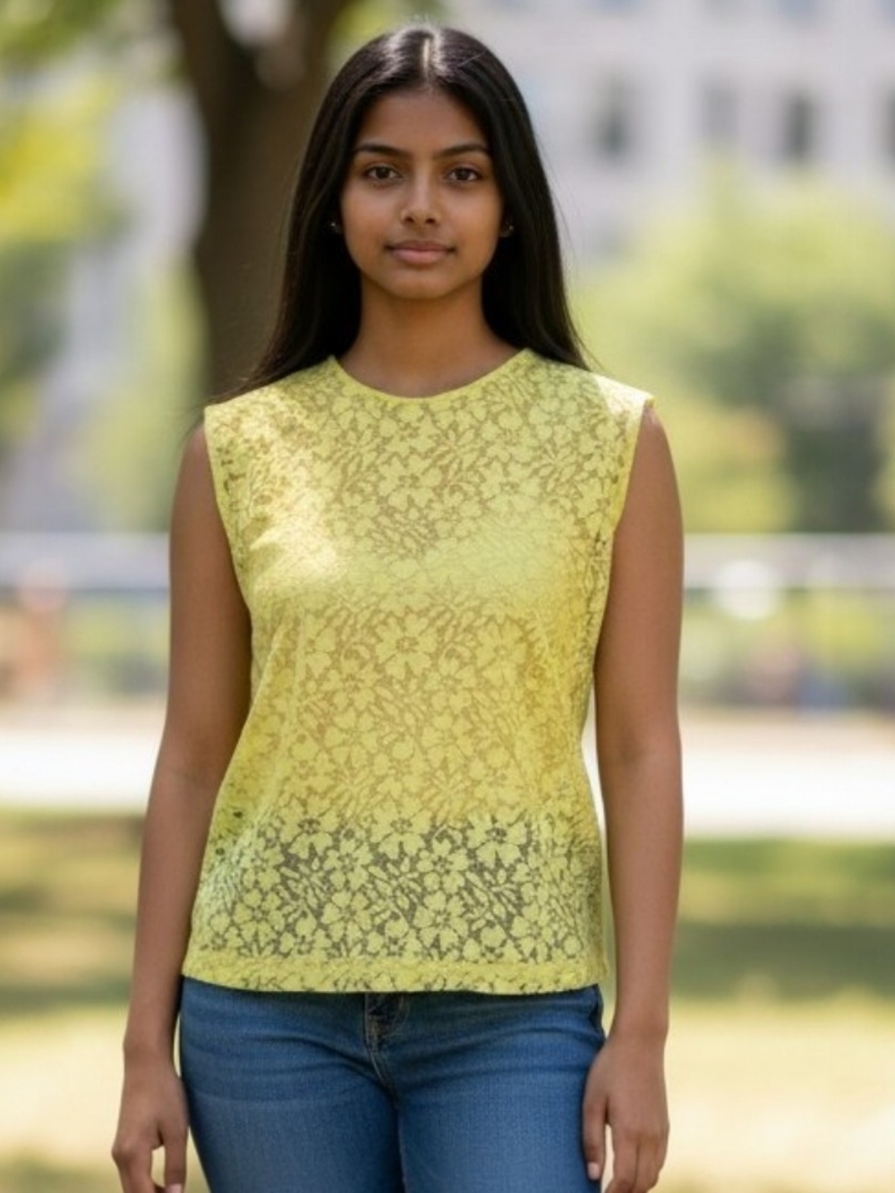 Vintage 1970s Yellow Sheer Floral Lace Sleeveless Blouse Dopamine Dressing Boho